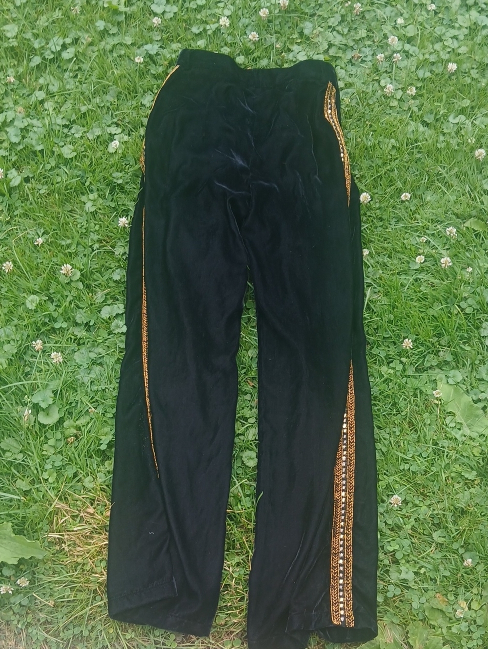 Carolina K Black Velvet High Rise Wide-Leg Pants with Gold Trim - Picture 2 of 7